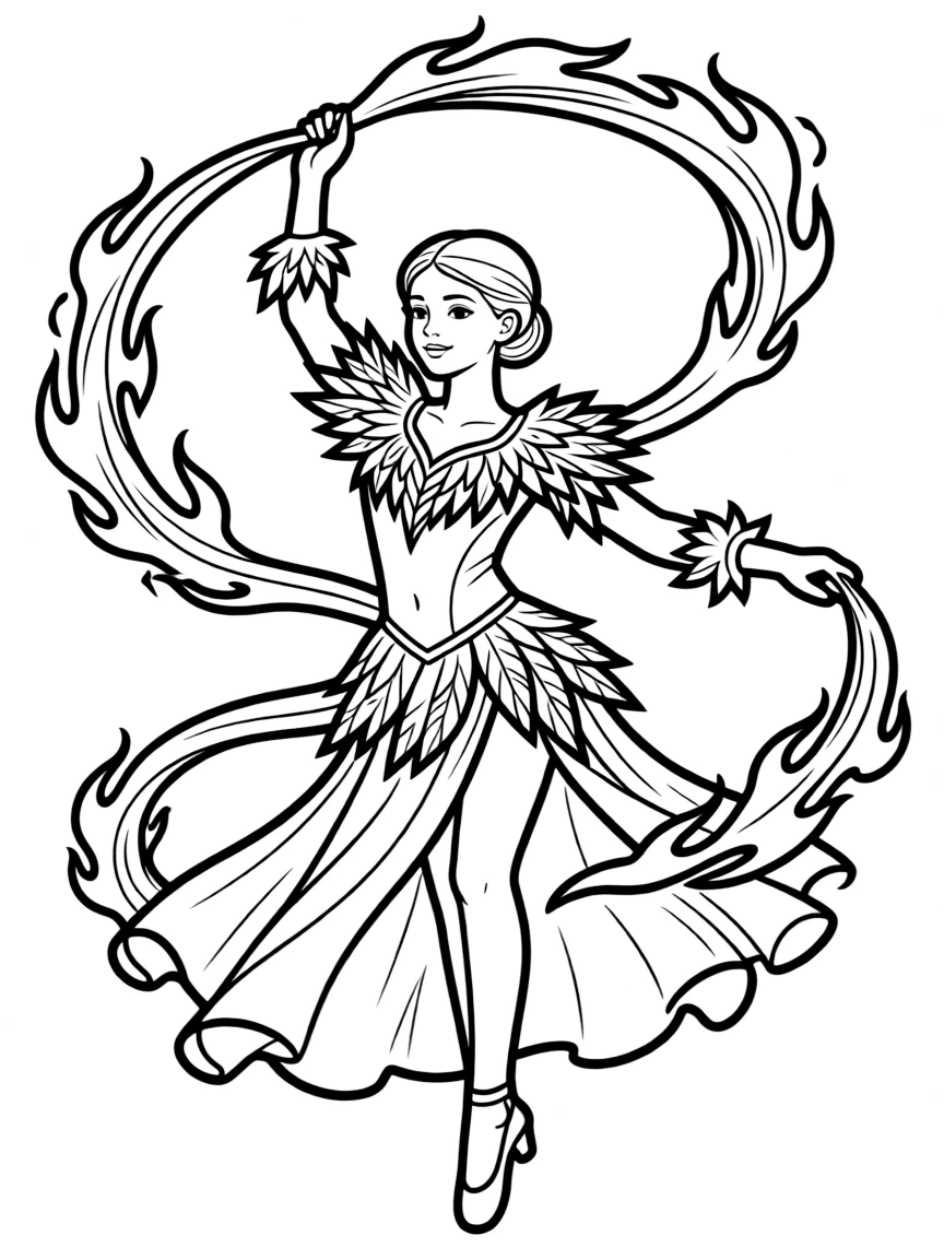 A phoenix dancer with flame ribbons and feathered costume