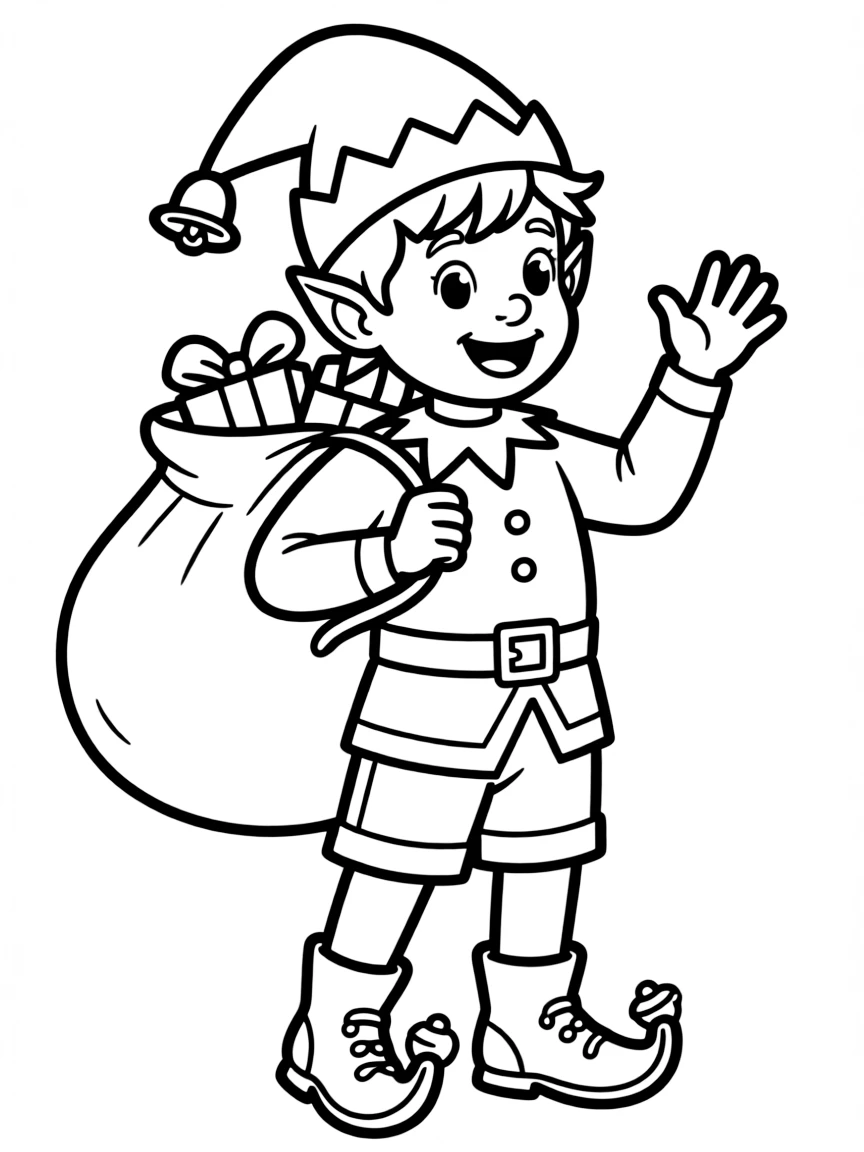 A Christmas elf with jingle bell accessories and gift bag