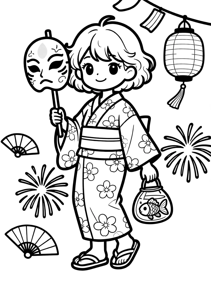 A summer festival character with mask and goldfish bag
