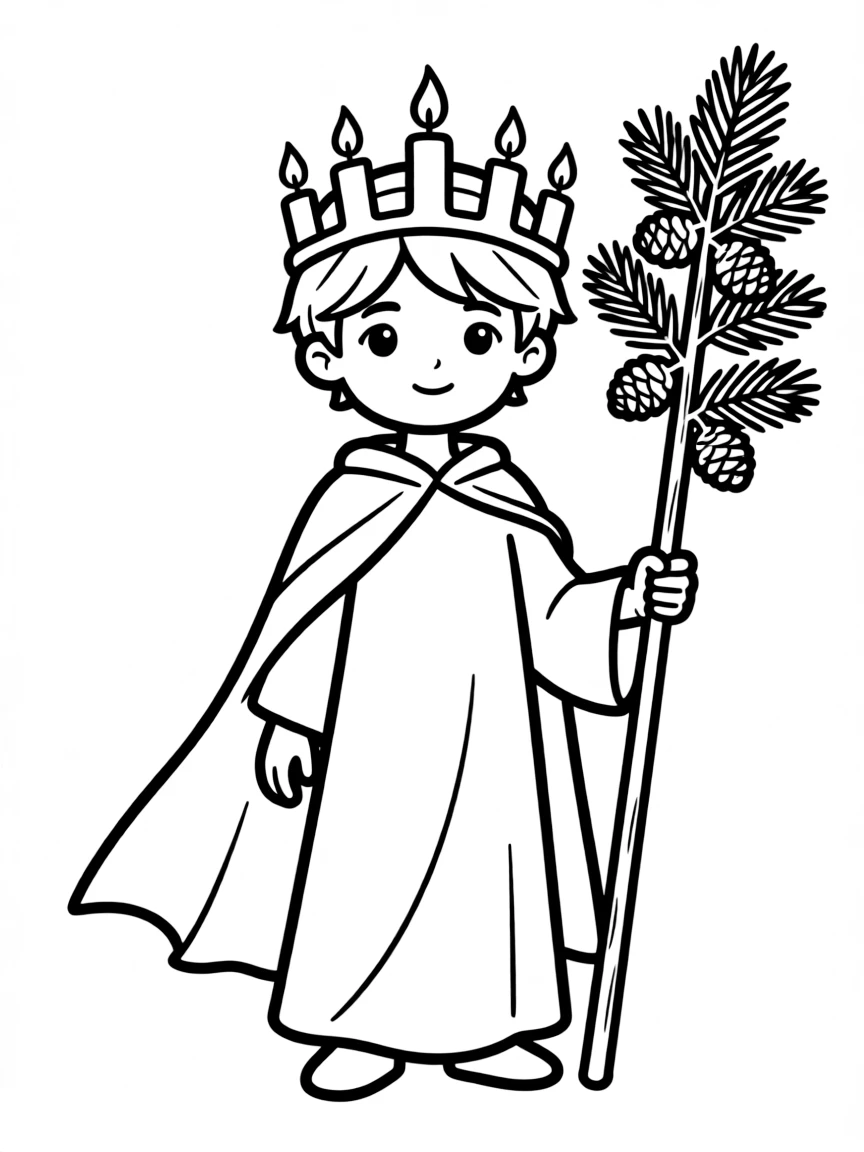 A winter solstice guardian with candle crown and evergreen staff