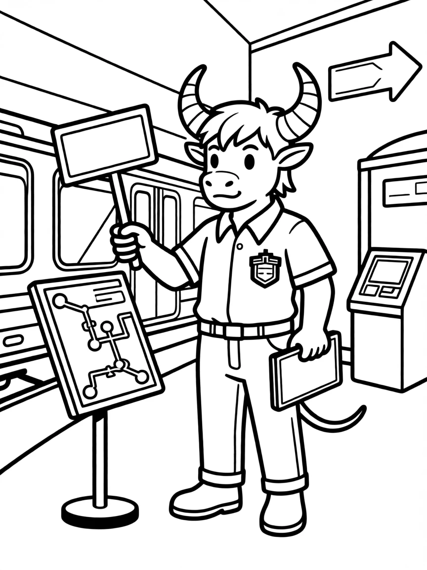 A subway system minotaur working as a guide