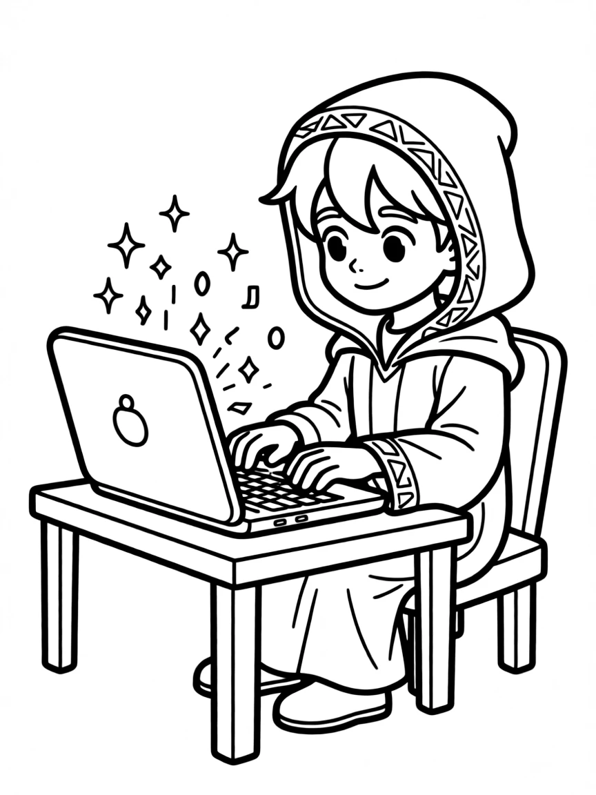 A techno-mage coding spells on a magical laptop