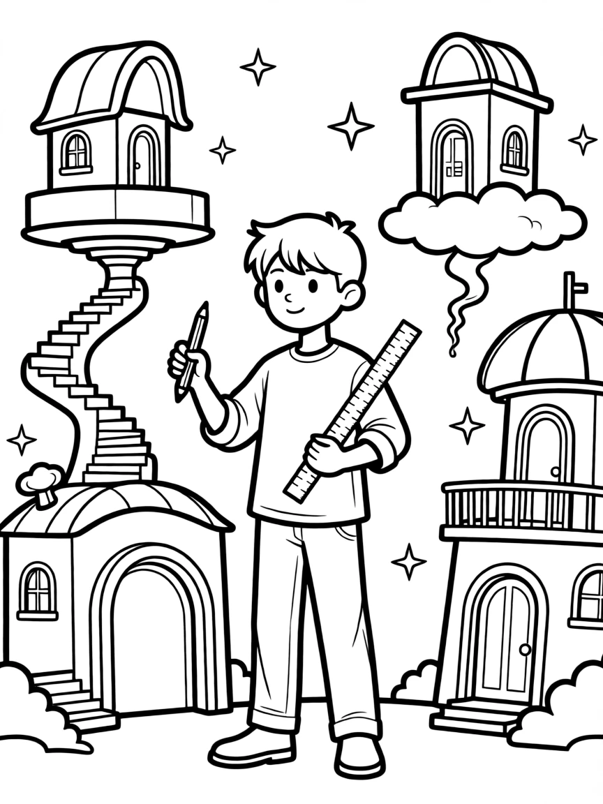 A magical architect designing buildings with impossible features