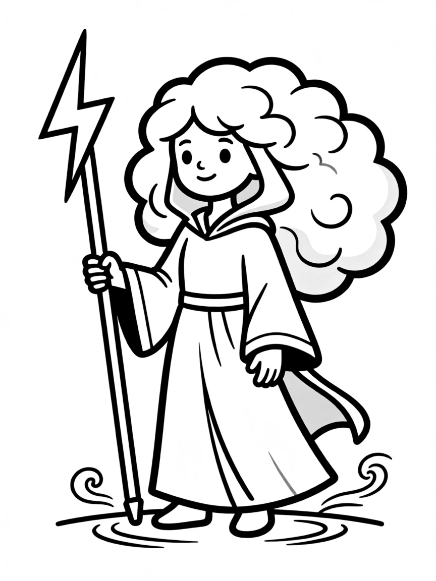 A storm sorceress with cloud hair and lightning staff