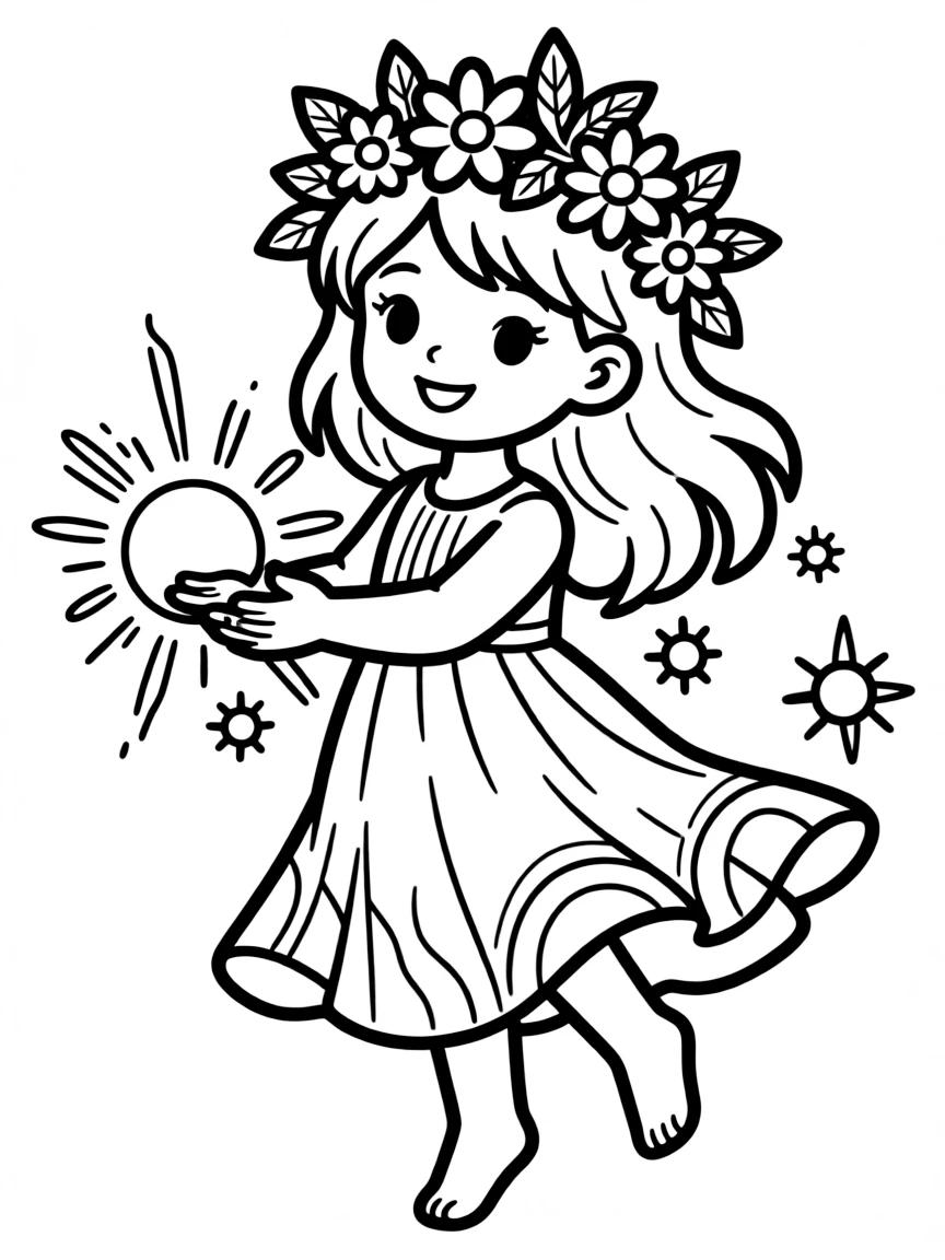 A sunshine spirit with radiant clothing and floral crown