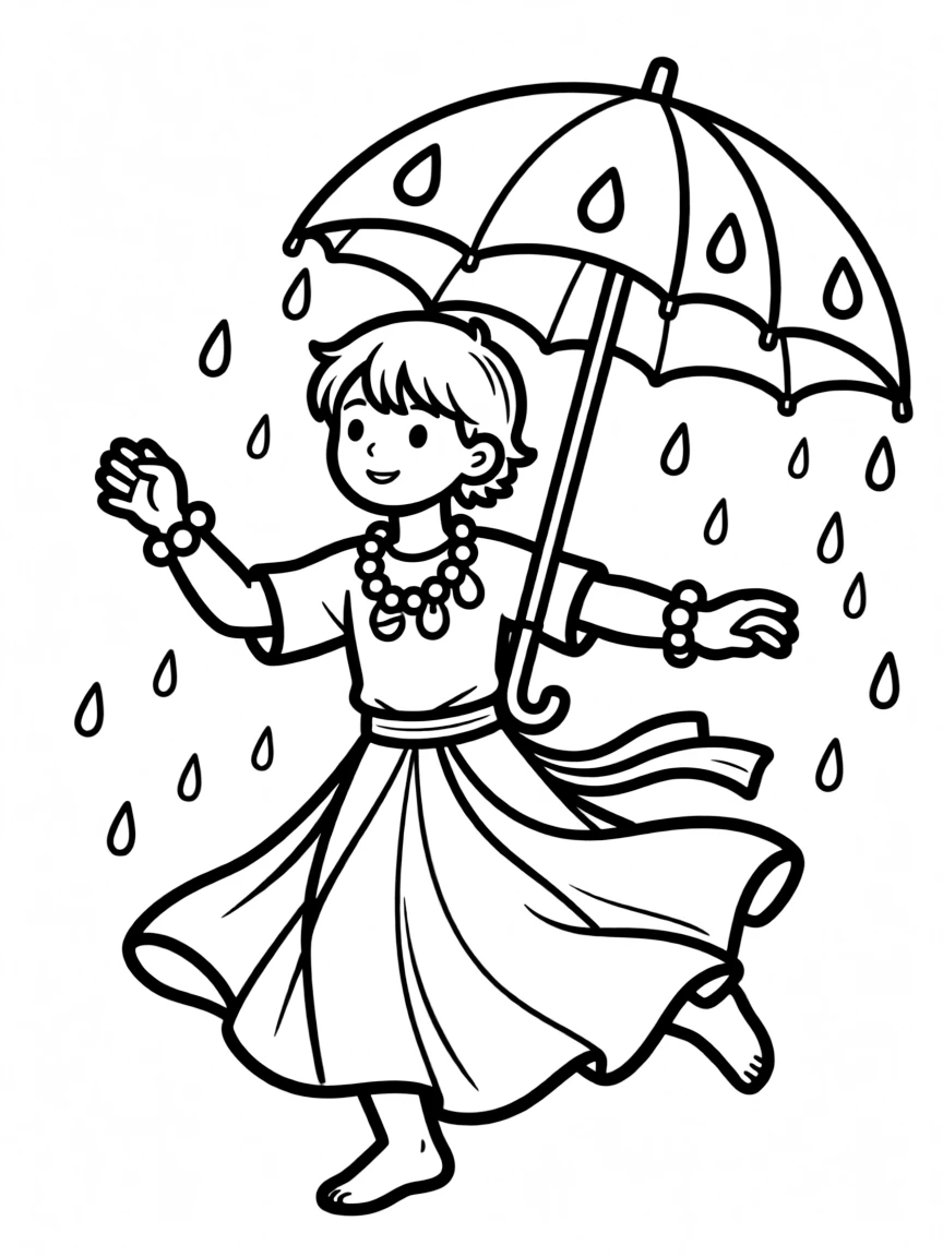A rain dancer with droplet jewelry and umbrella staff