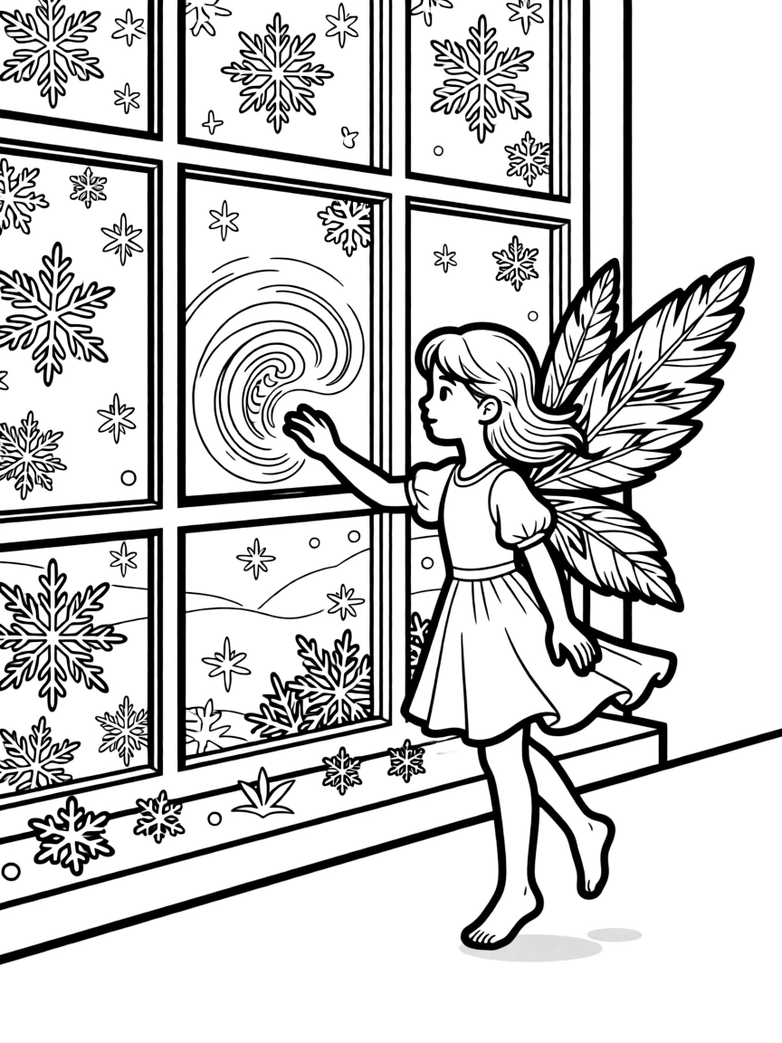 A frost fairy leaving icy patterns on windows