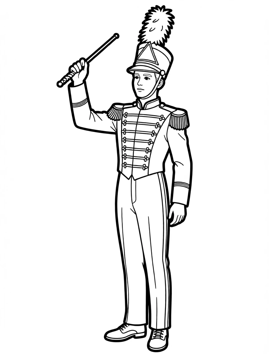 A drum major with elaborate uniform and baton