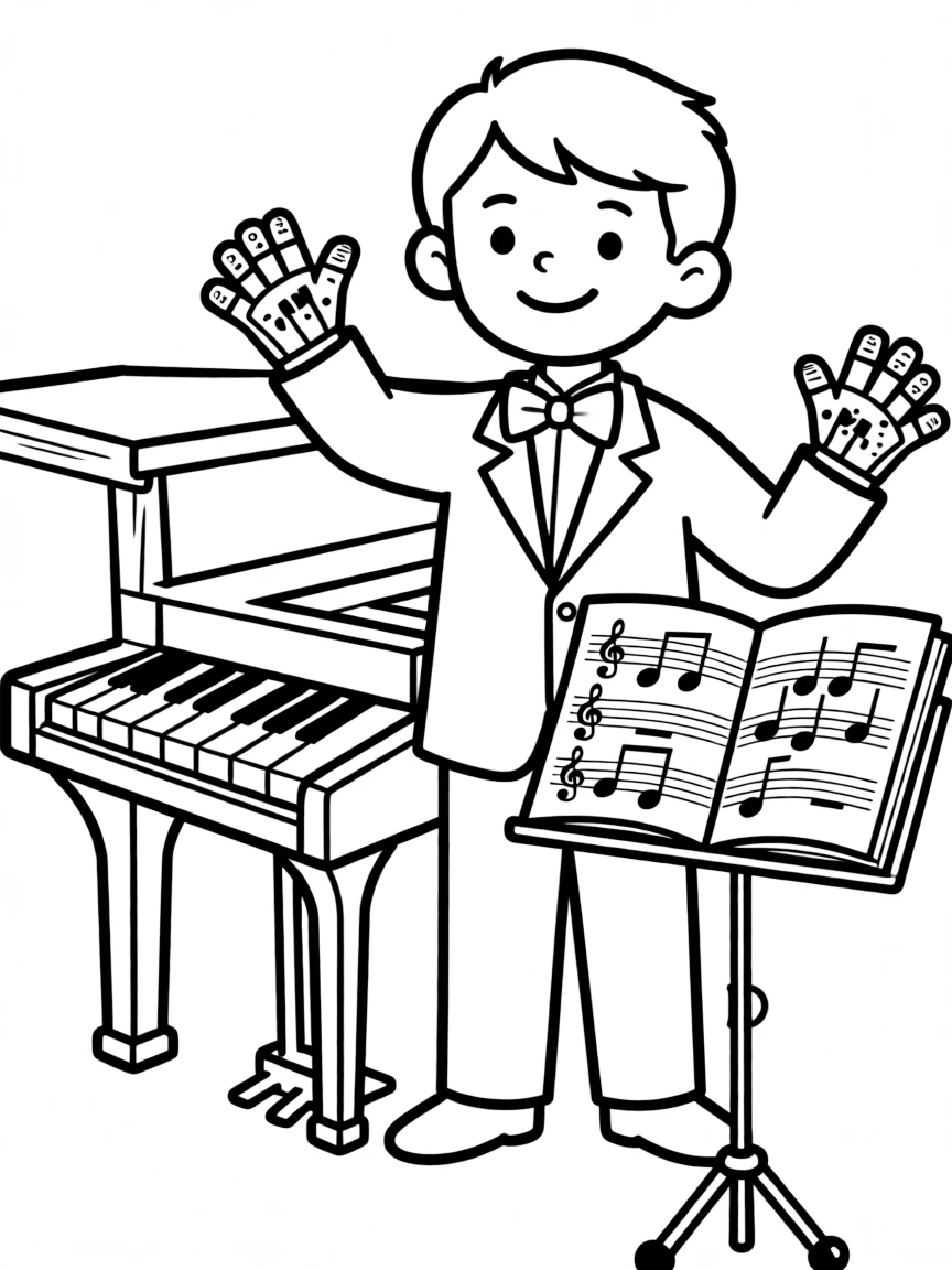 A piano magician with keyboard gloves and sheet music