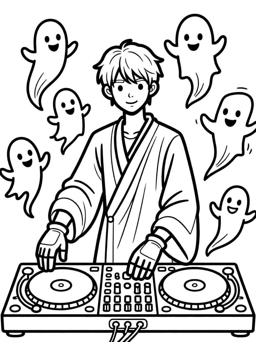 A DJ necromancer mixing beats and raising spirits