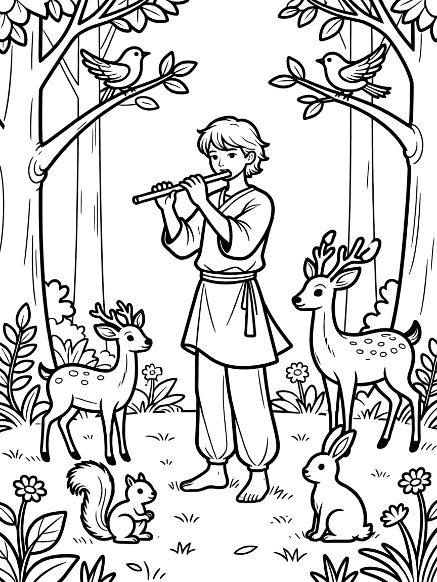 A flute-playing forest spirit charming animals