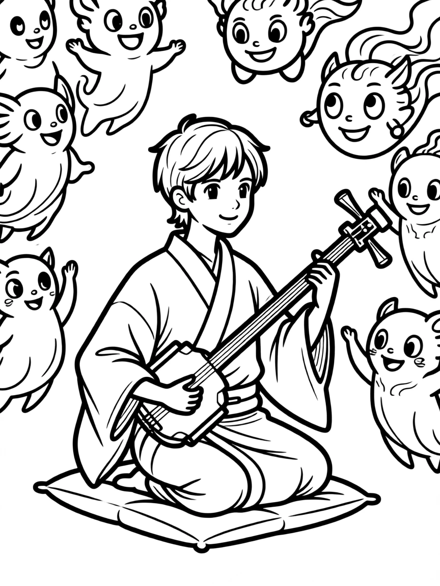 A traditional shamisen player with supernatural audience