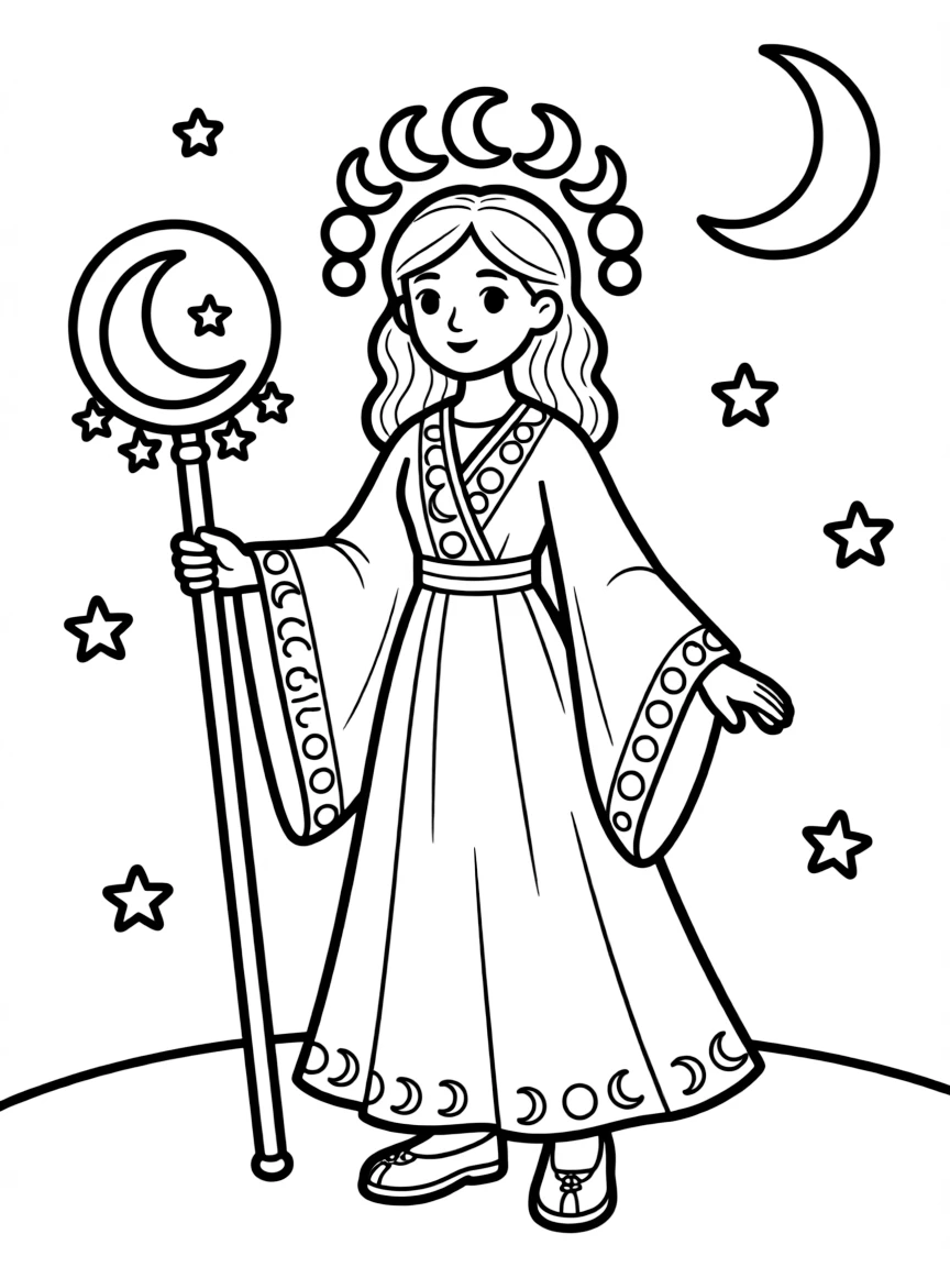 A moon priestess with lunar cycle crown and silver robes