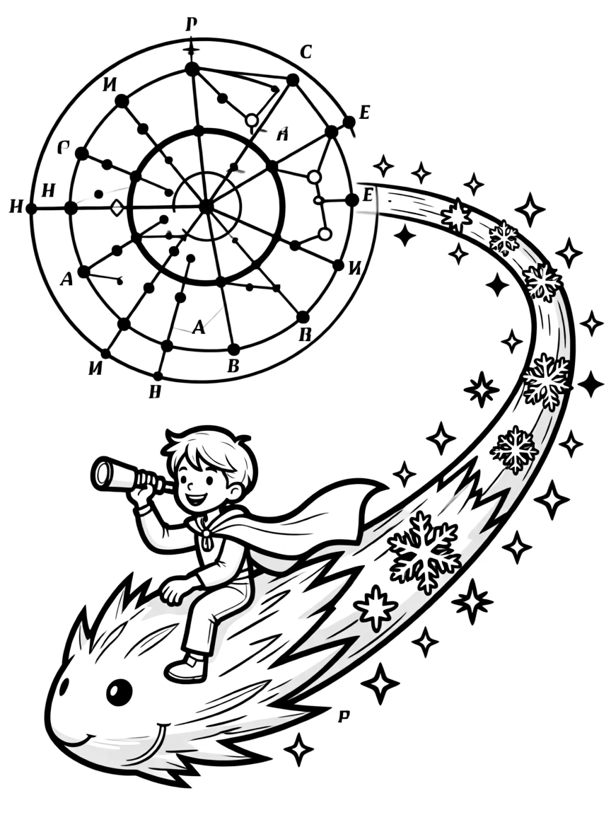 A comet rider with icy trail and stellar map