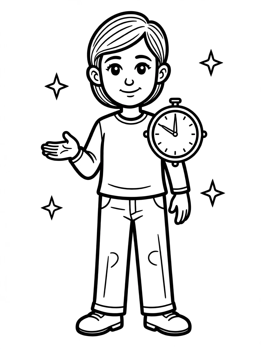 A patience teacher with timepiece and serene expression