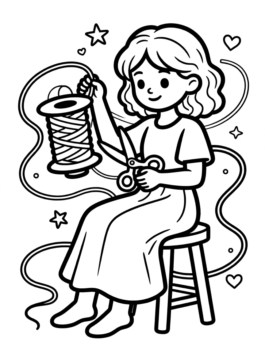 A fate weaver with thread and scissors