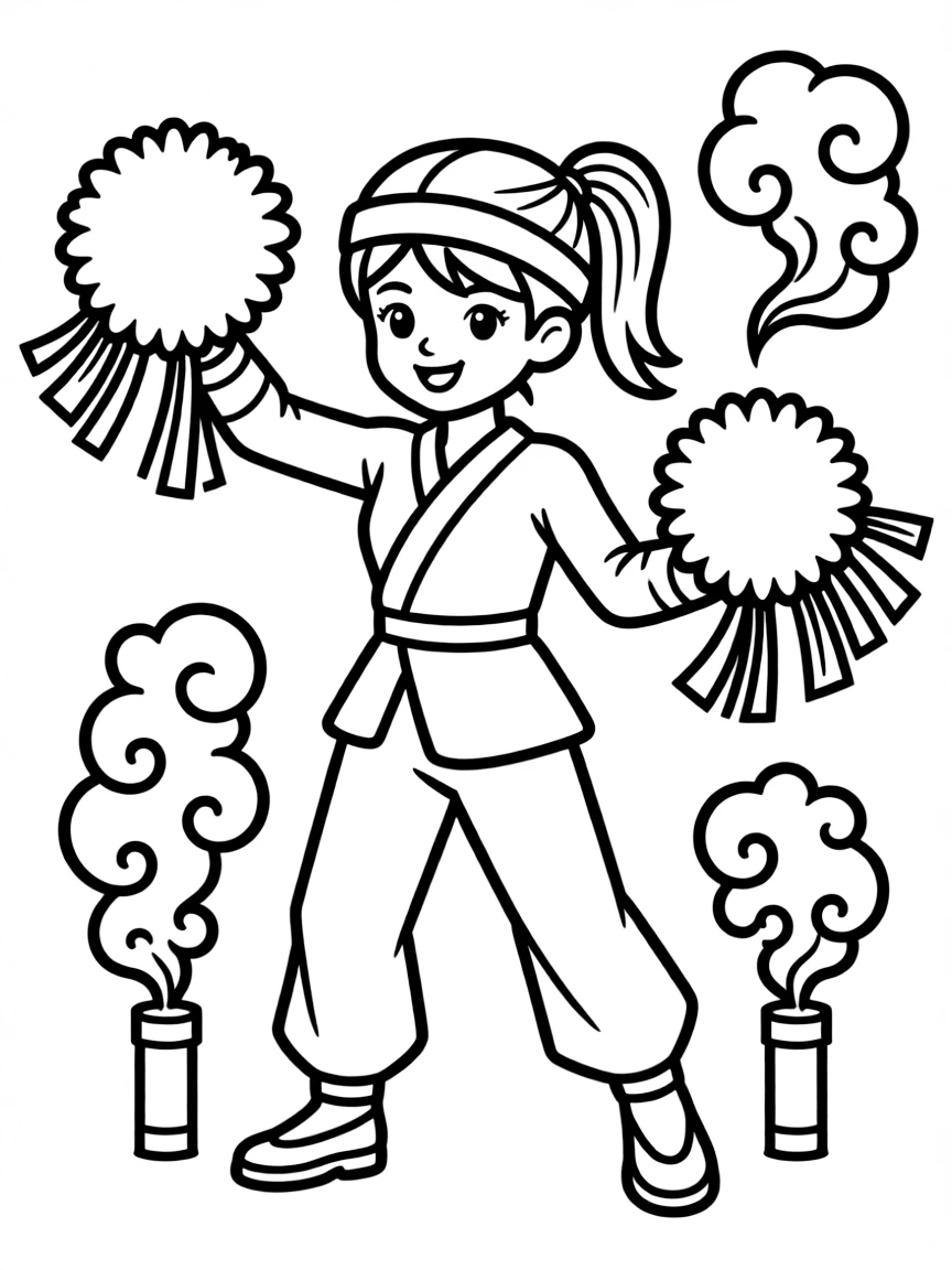 A ninja cheerleader with pom-poms and smoke bombs