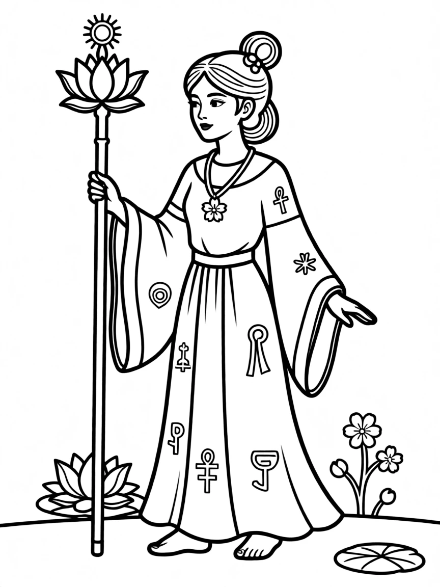 An Egyptian-Japanese priestess with combined religious symbols