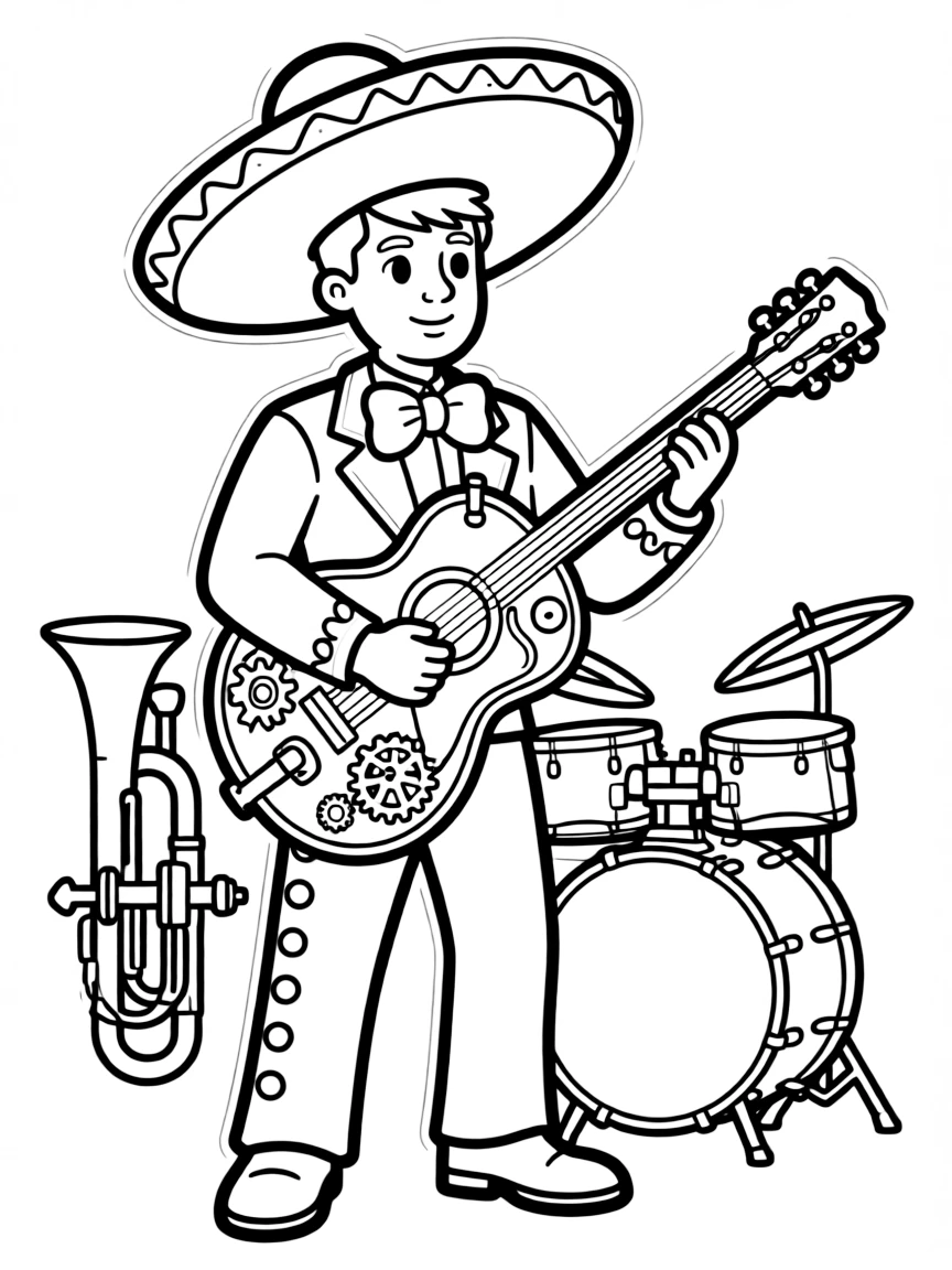 A steampunk mariachi player with mechanical instruments