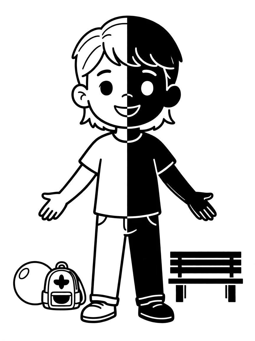 A light-dark divided character with contrasting halves