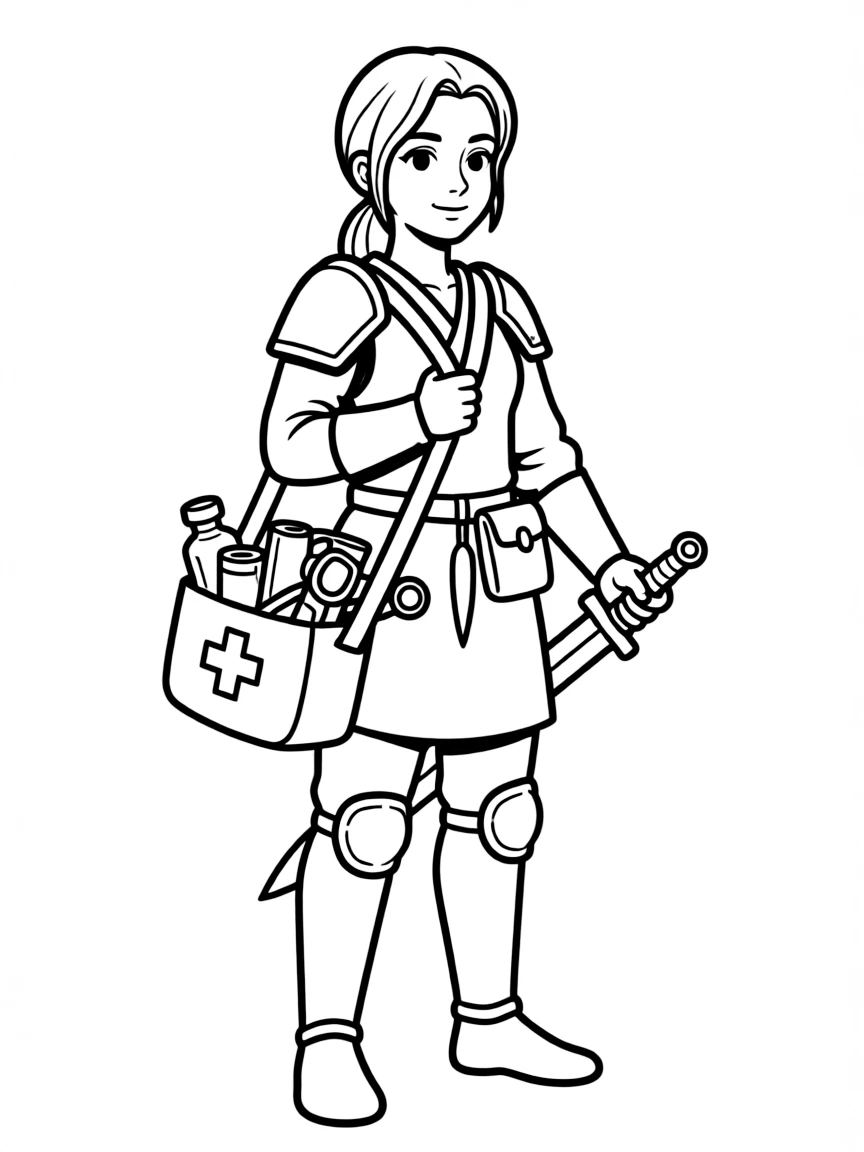 A healer-warrior with medical supplies and weapons