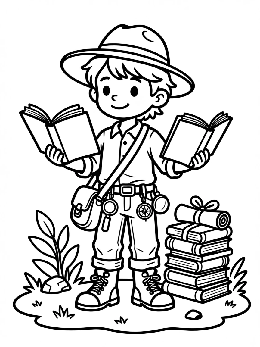 A scholar-adventurer with books and exploration gear