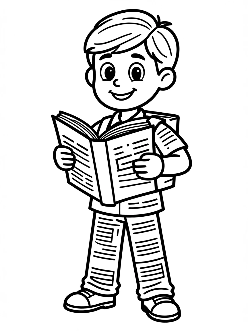 A book character with page-like clothing and text features