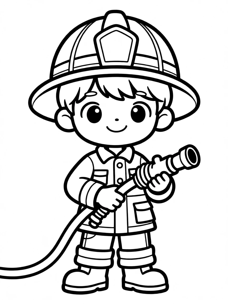 A chibi firefighter with oversized helmet and tiny hose