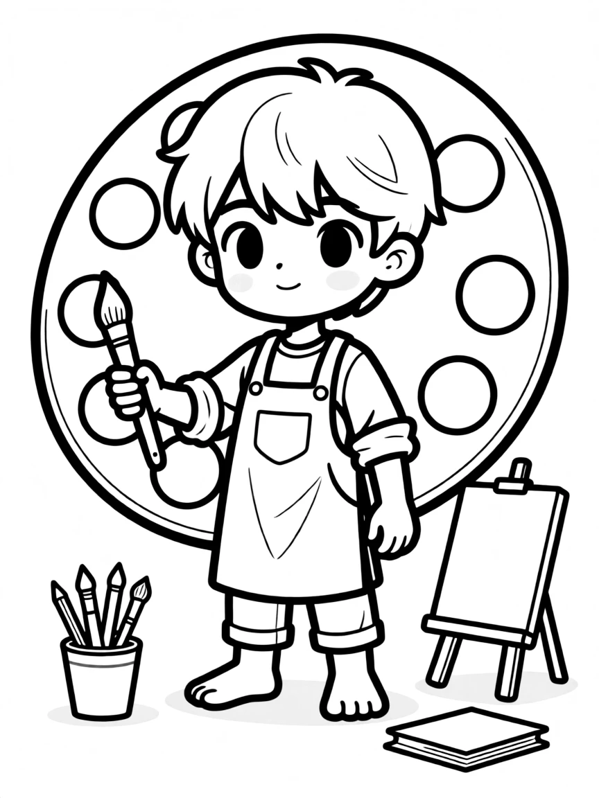 A chibi artist with paint palette larger than torso