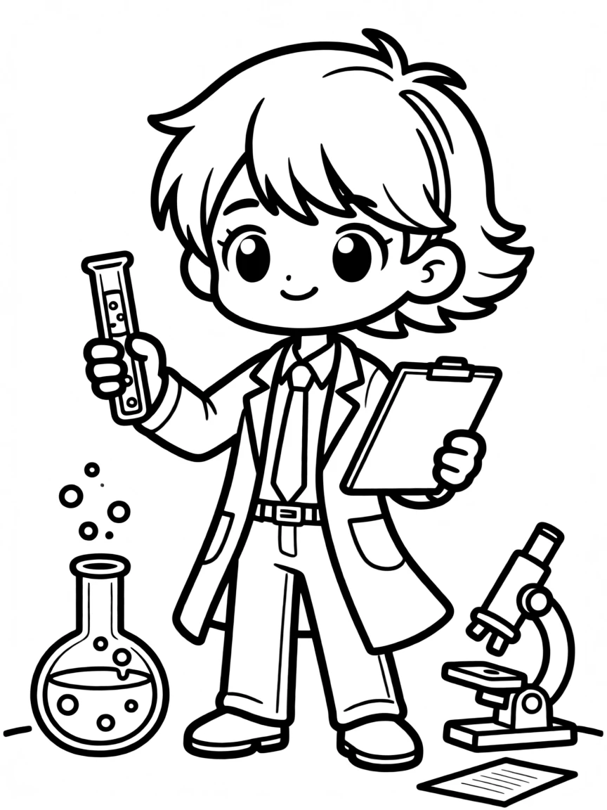 A chibi scientist with lab coat trailing behind