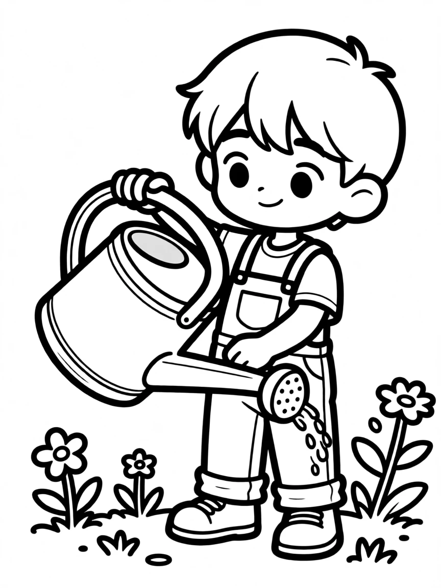A chibi gardener struggling with oversized watering can