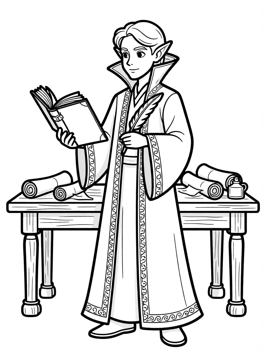 A high elf scholar with ancient tome and quill