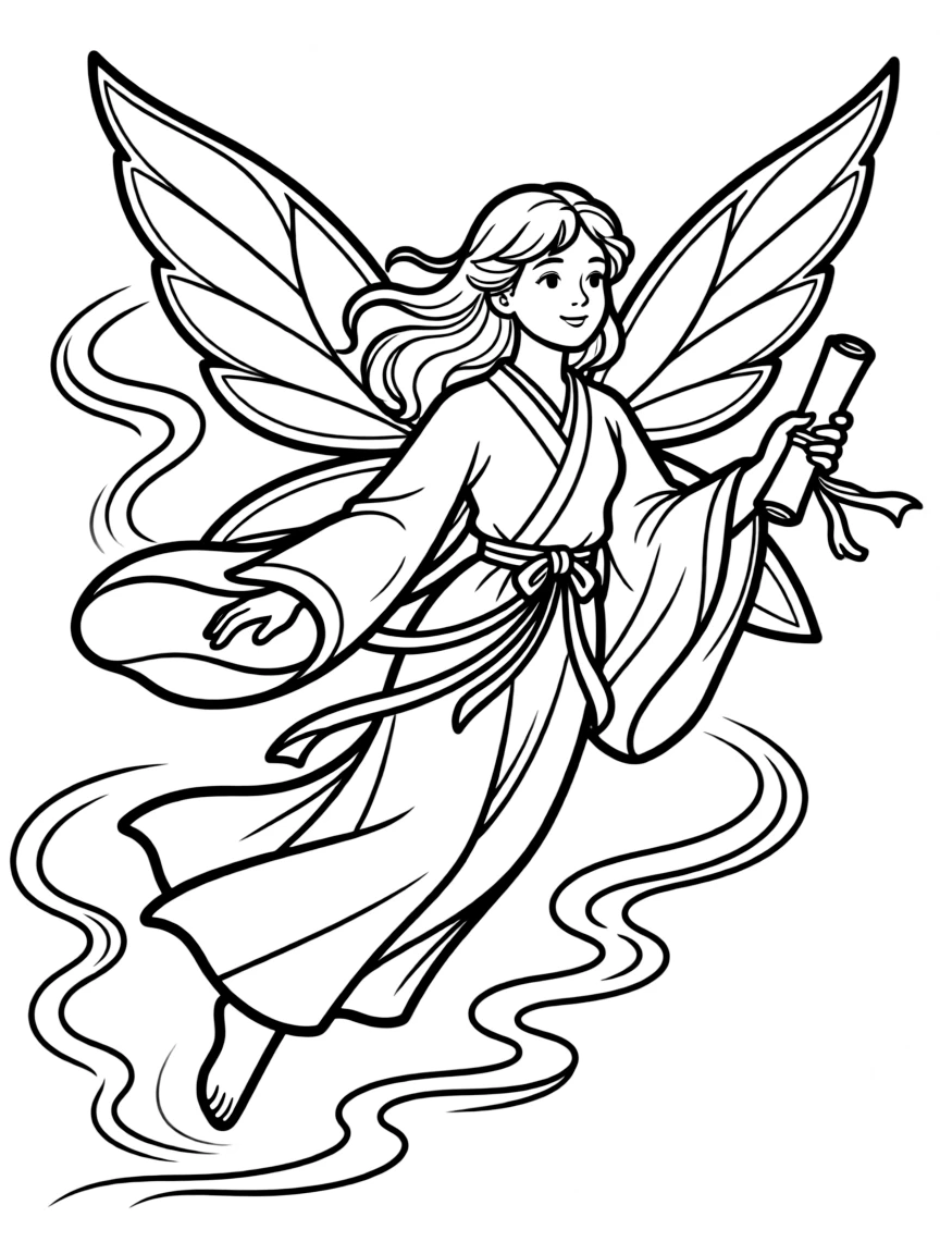 A skyborne sylph messenger with letter scroll