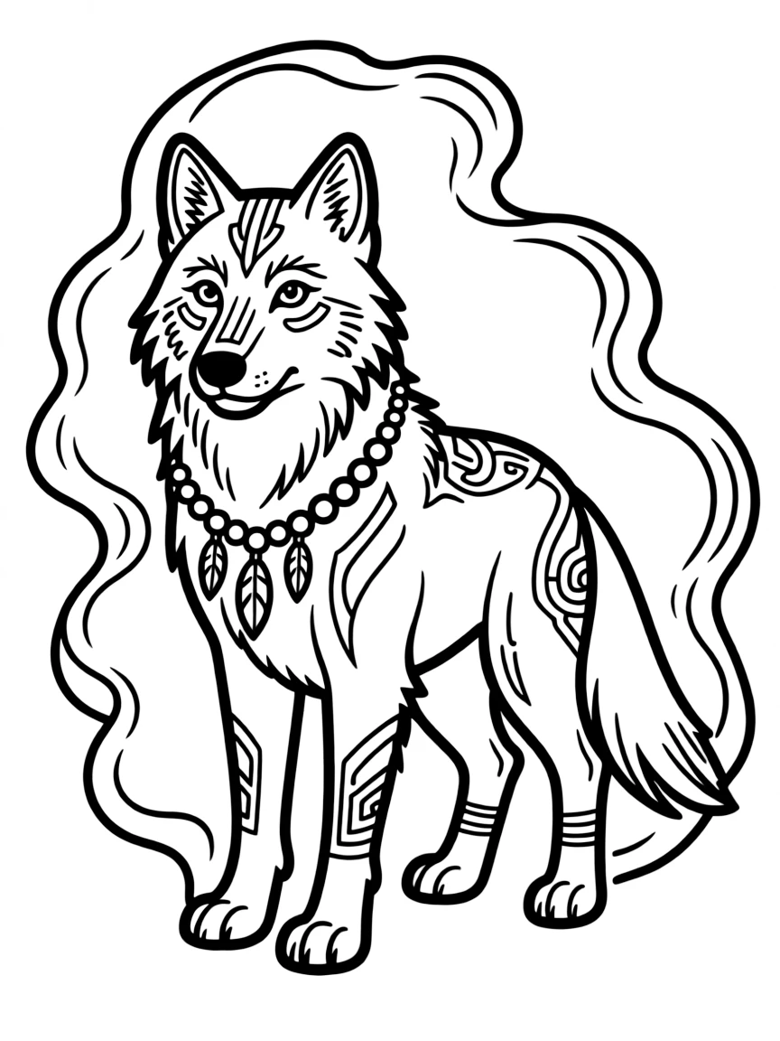 A wolf guardian with tribal markings and protective aura