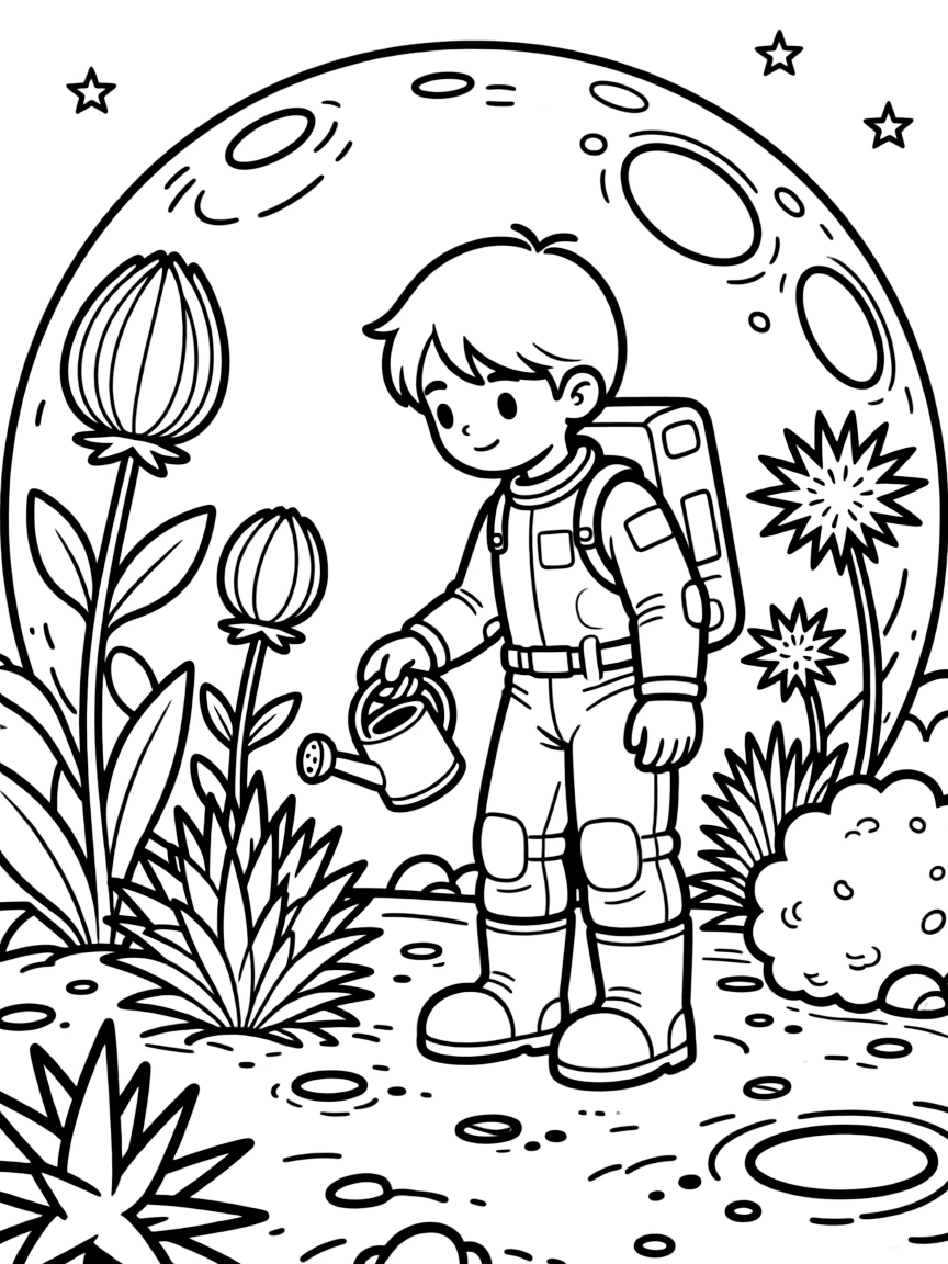 A moon gardener tending to lunar flora