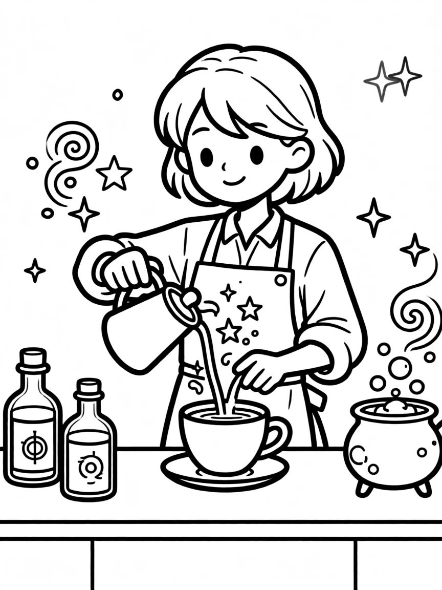 A magical barista brewing potions in coffee cups