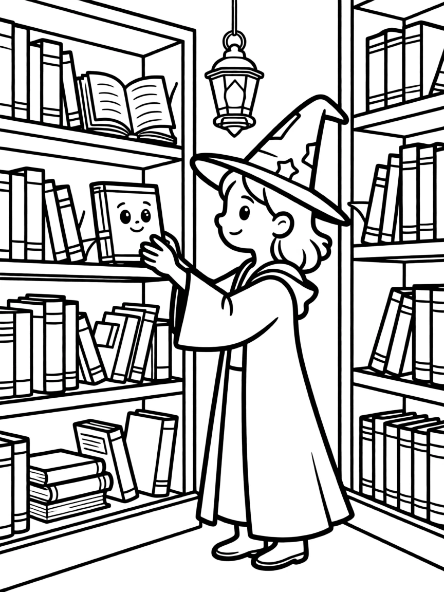 A wizarding librarian organizing living books