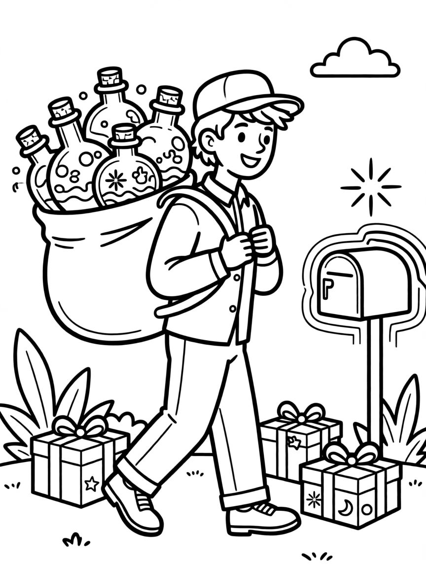 A potion postal worker delivering magical packages