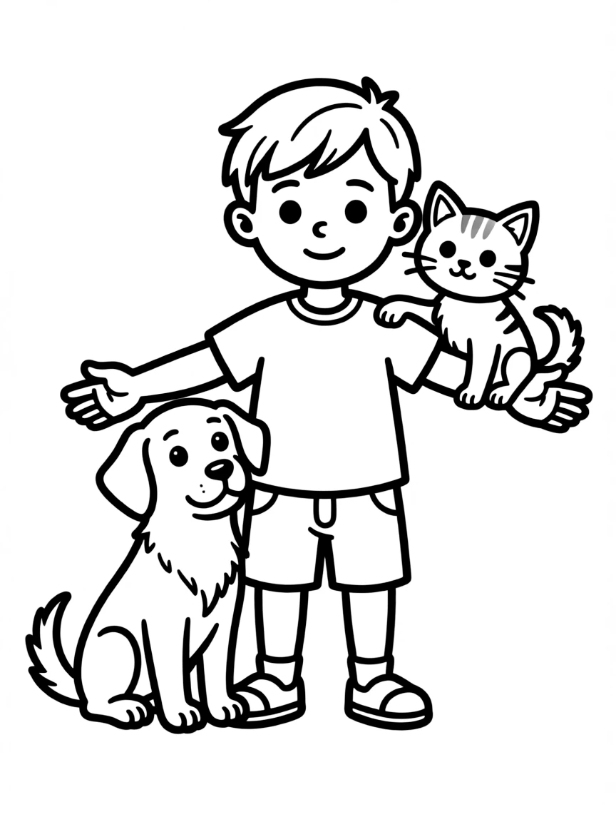 A character with pet companions integrated into their design