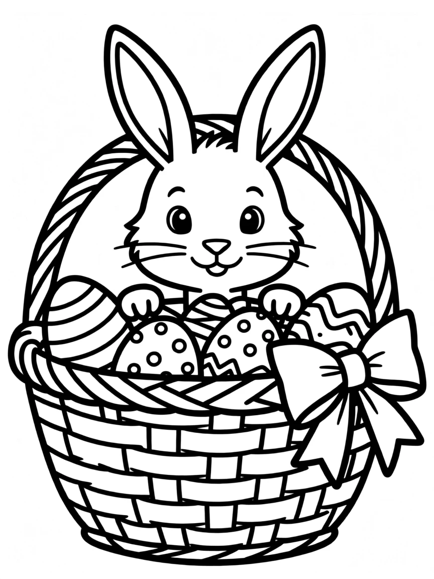 A fluffy bunny hiding behind a basket filled with decorated Easter eggs