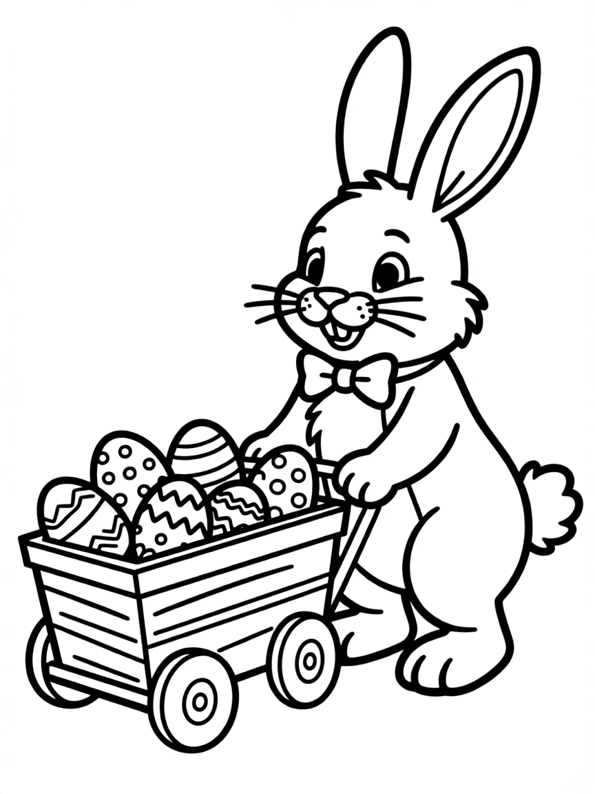 A bunny wearing a bow tie delivering Easter eggs in a miniature wagon