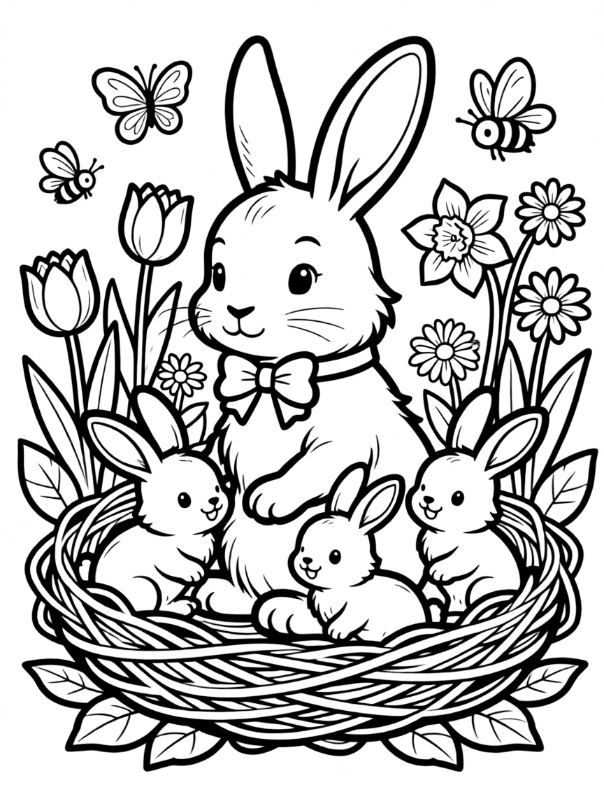A mother bunny with her babies in a nest surrounded by spring flowers