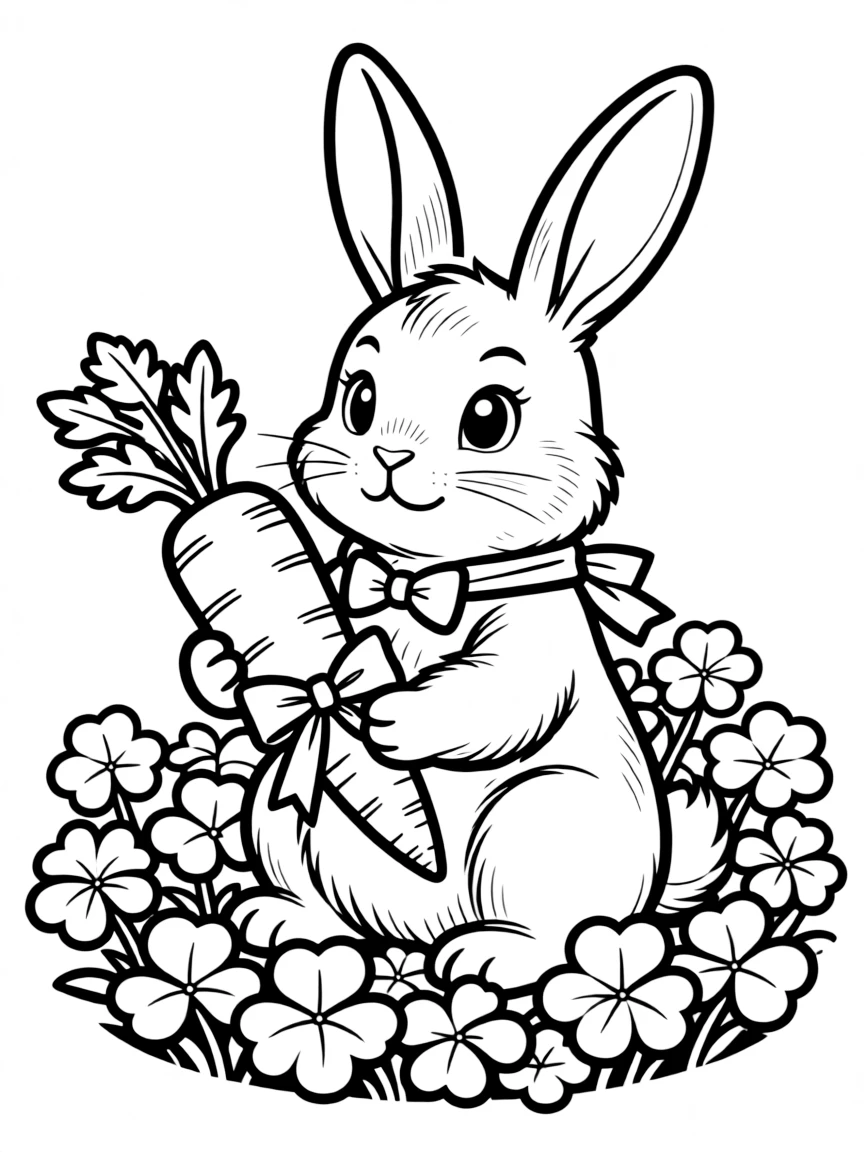 A bunny sitting in a patch of clover, holding a carrot with a ribbon