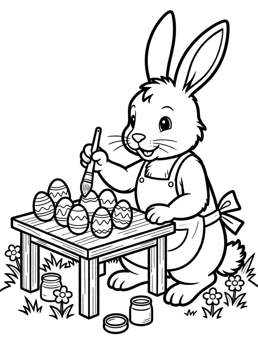 A bunny painting Easter eggs with small brushes and paint pots