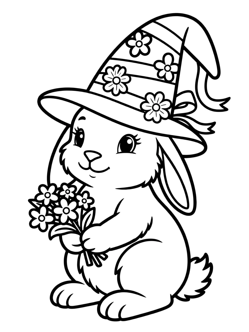 A bunny wearing an Easter bonnet decorated with flowers and ribbons