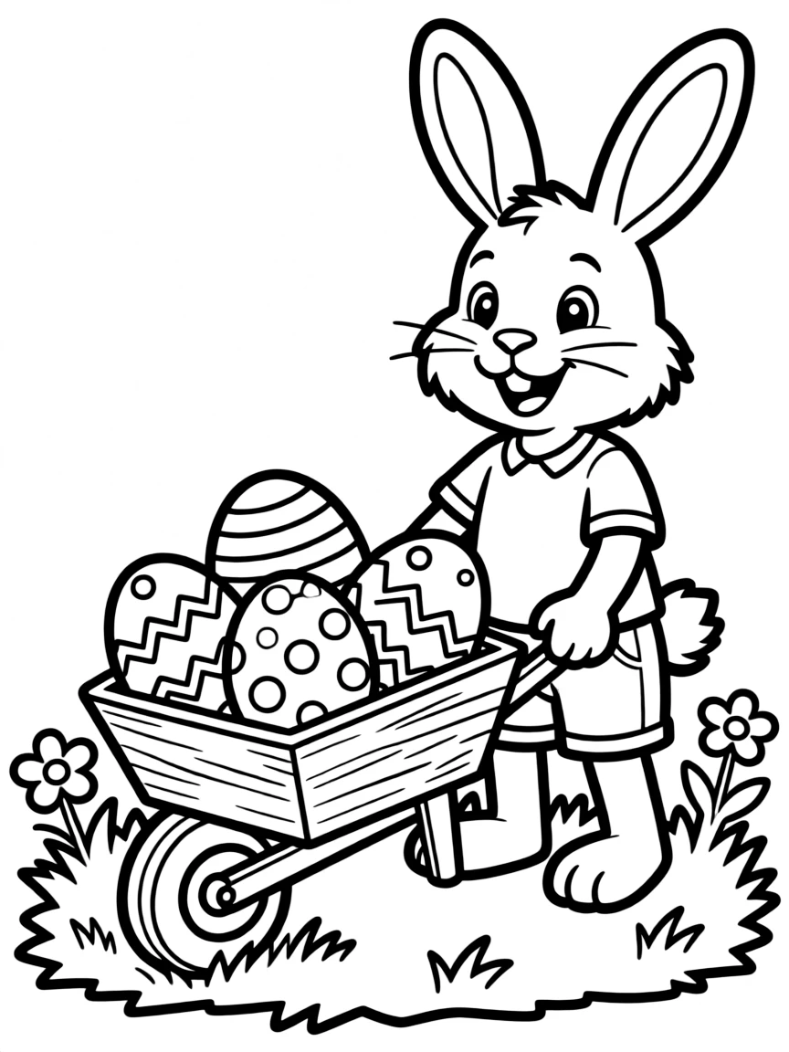 A bunny pushing a wheelbarrow full of colorful Easter eggs