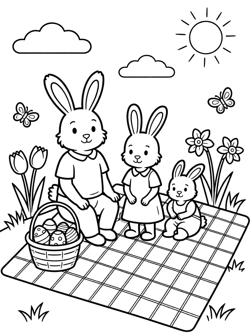 A bunny family having an Easter picnic on a checkered blanket