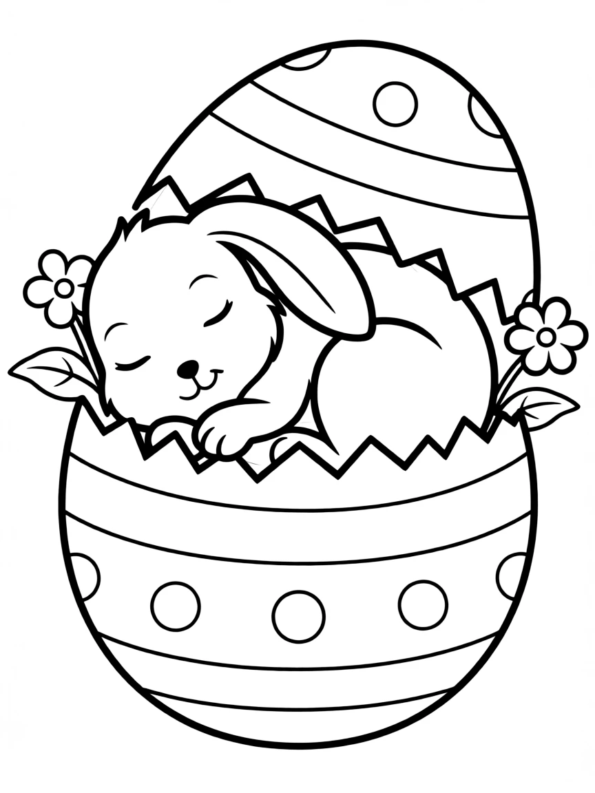 A bunny sleeping in a hollowed-out Easter egg