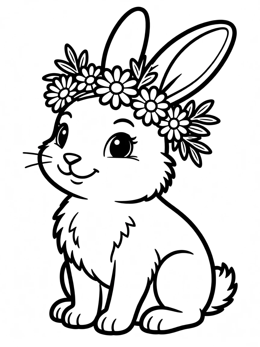 A bunny wearing a flower crown made of daisies and spring blooms