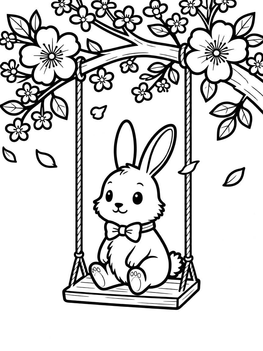 A bunny sitting on a swing hanging from a blossoming tree branch
